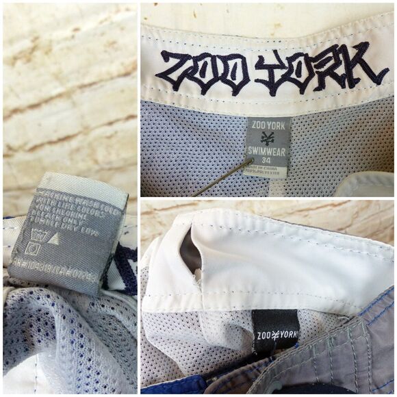 VTG Zoo York Swim Board Short Men 34X10 Blue Gray Skull Embroidery Skate Y2K - Picture 10 of 14